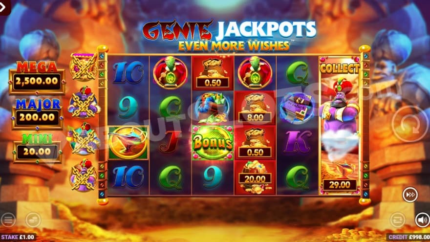 Cash Collect feature being active with the genie collect symbol on the sixth reel.