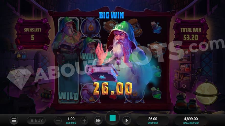 A wizard covers the reels and the text: "Big win, 26.00."