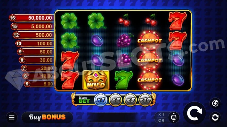 A 5-reel casino slot with a blue background.