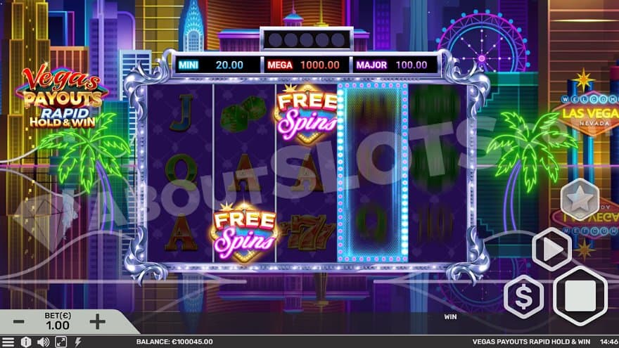 Free Spins Scatter Symbols on reels 2 and 3, while the fourth reel is spinning.