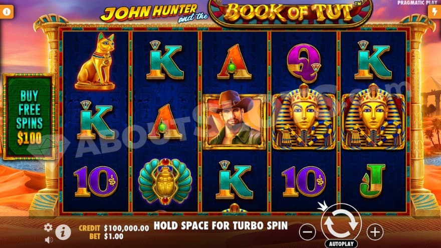 Base game with a John Hunter symbol on the middle reel.