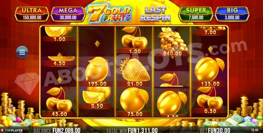 A screenshot of locked, golden fruit symbols during the Respins feature