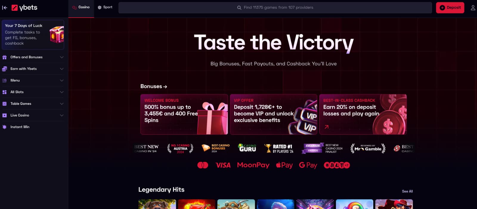 Ybets Casino landing page showing the welcome bonus, VIP offer, cashback banner and payment options.