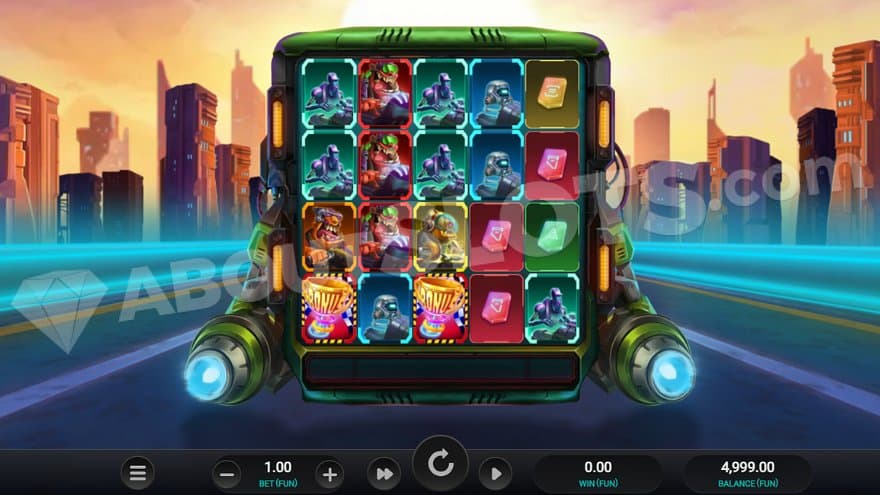A casino slot on a flying car in a futuristic city.