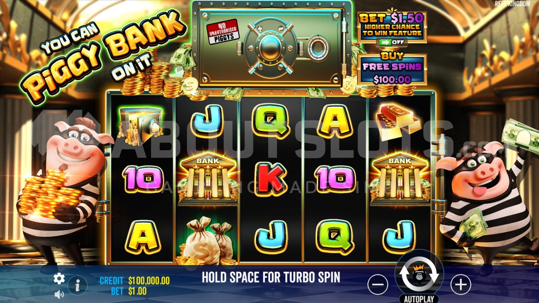 The game is set inside the bank with your two pig companions standing next to the reels