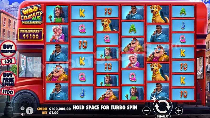 Base game with a giant red bus as the frame of the reels.