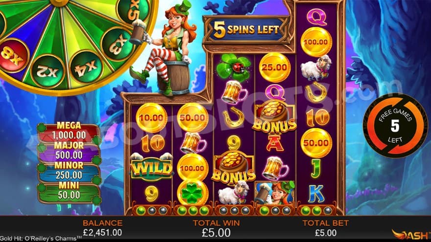 Five remaining spins in the free spins feature.