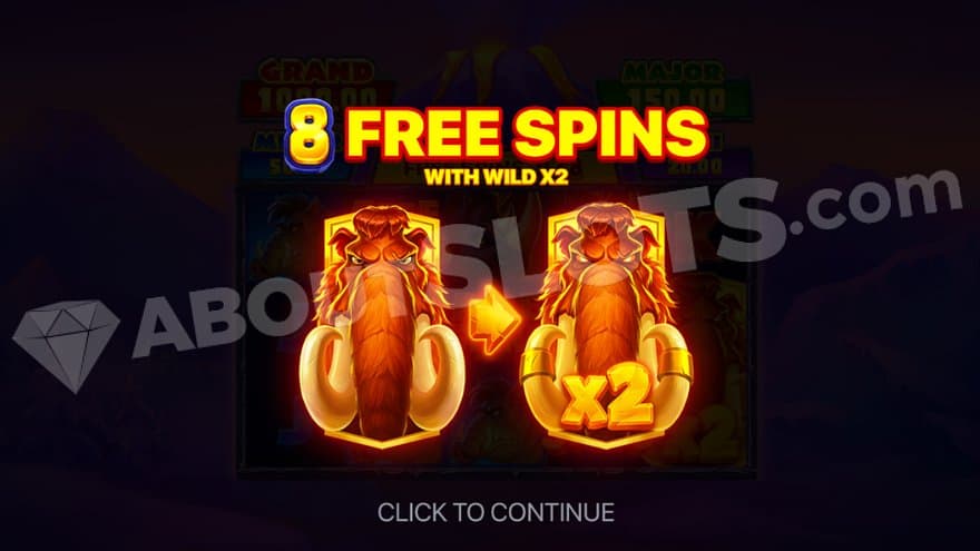 Text saying "8 free spins," and a picture of the wild mammoth that is transformed into a 2X multiplier wild.
