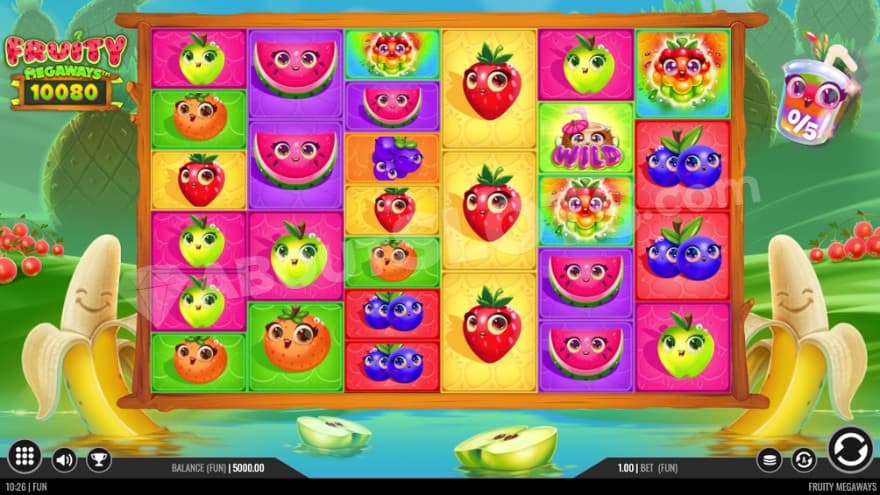 Base game where you can see many smiling fruits on the reels.