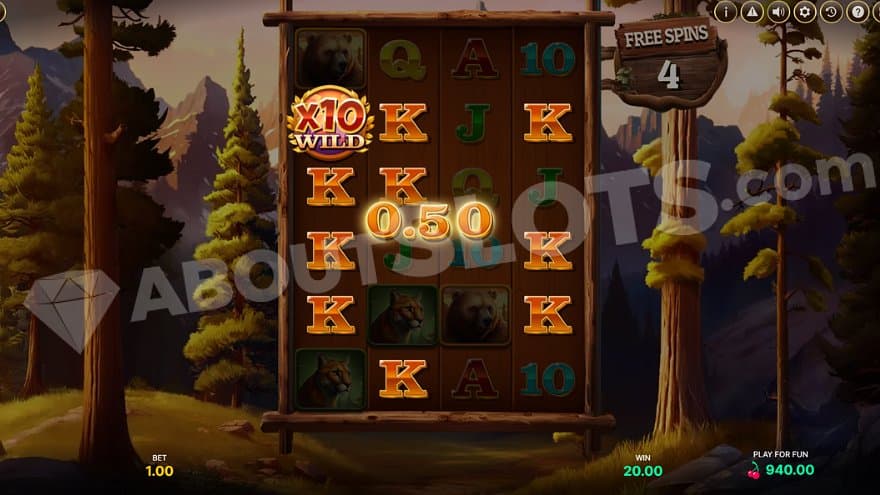 A sticky 10X Wild Multiplier on the first reel in the Free Spins.