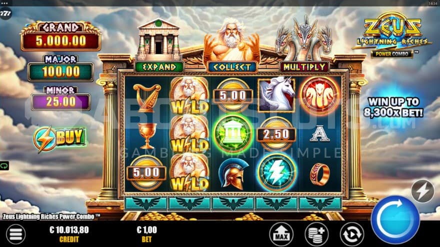 The playing grid set in the clouds with Zeus and a Hydra symbol on top of the reels