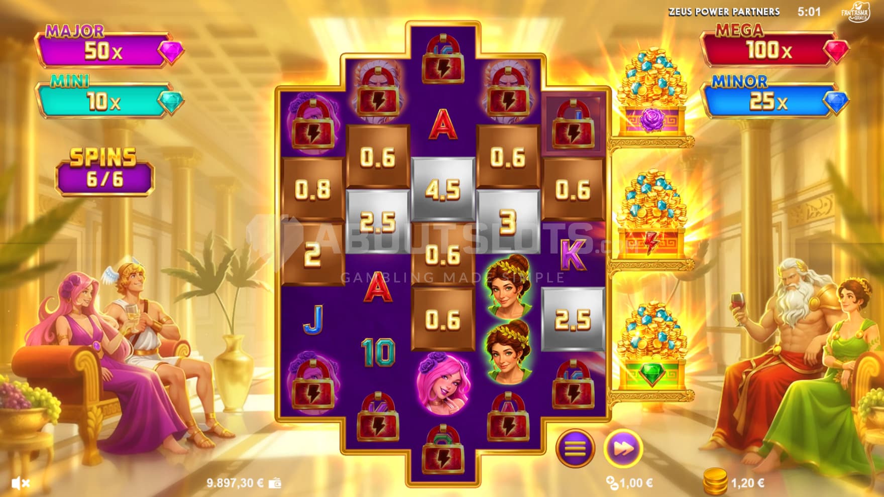 The bonus game invites the gods to join in on the fun, with various 3 Pot bonuses