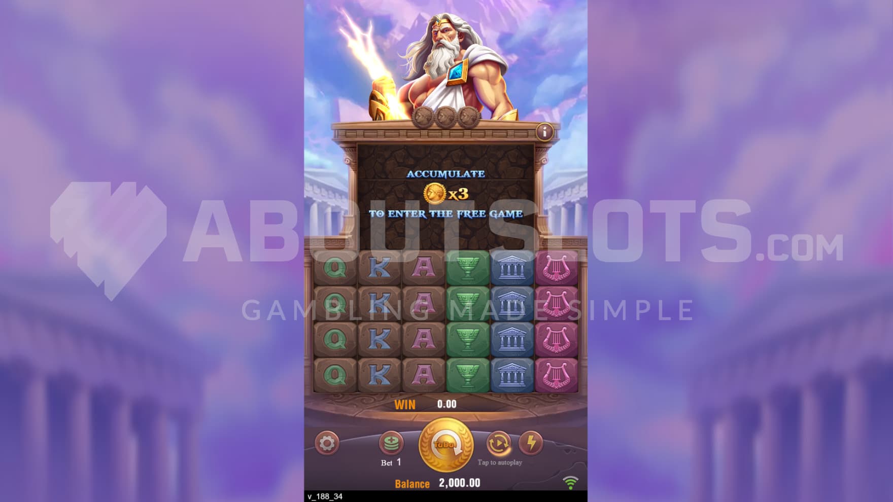 Zeus stands above the reels, waiting to strike the reels with his lightning bolts