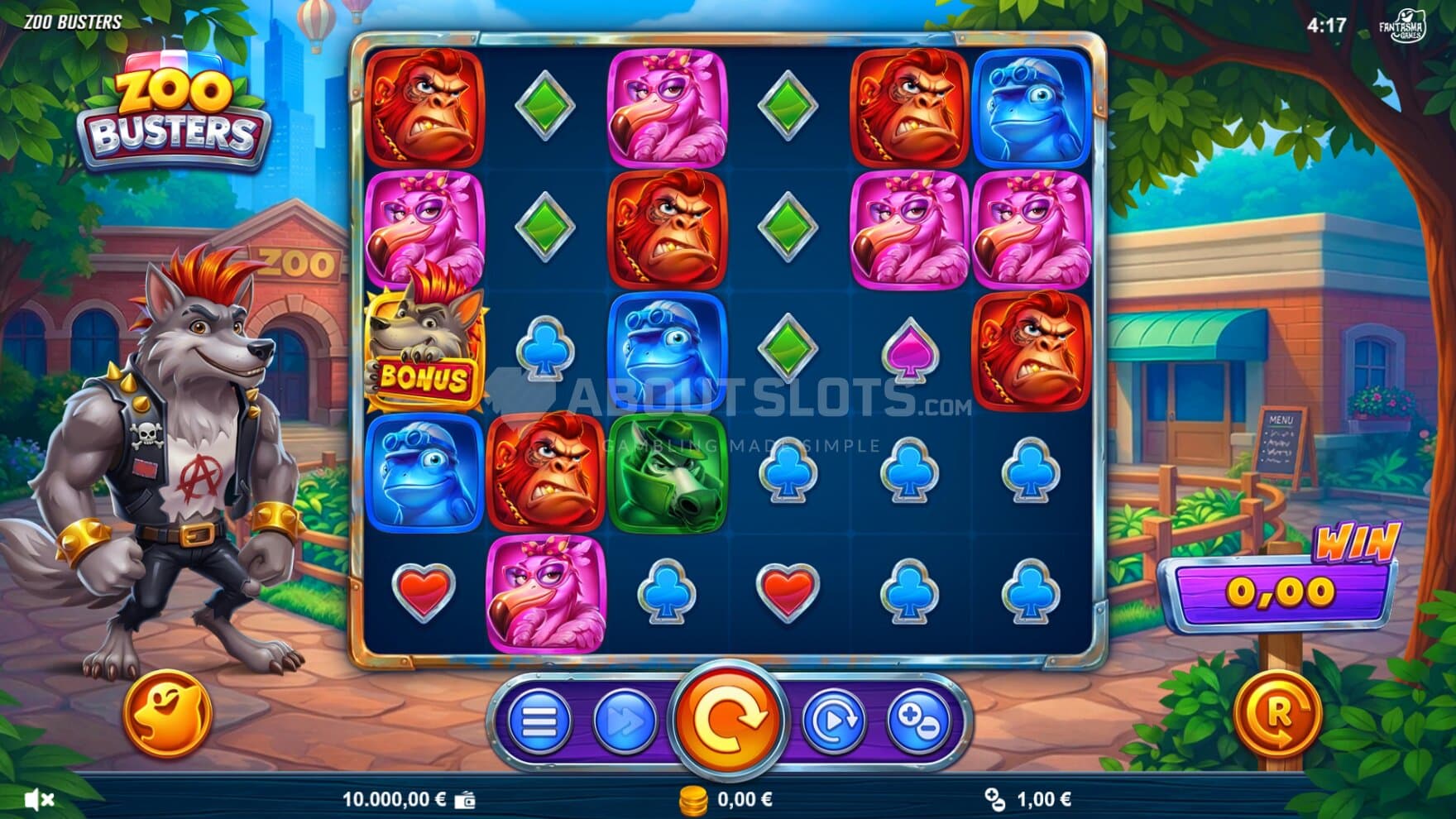 The punk wolf stands next to the playing grid and helps trigger various random bonuses as you spin