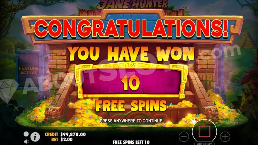 A pile of treasures and a text saying "Congratulations, you have won 10 free spins."