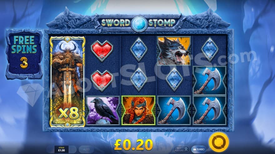 Free Spins bonus game with a fully expanded wild symbol on the first reel with a 8X multiplier.