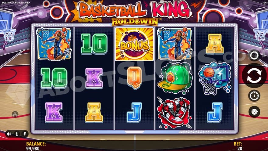 A five reels casino slot on a basketball court.