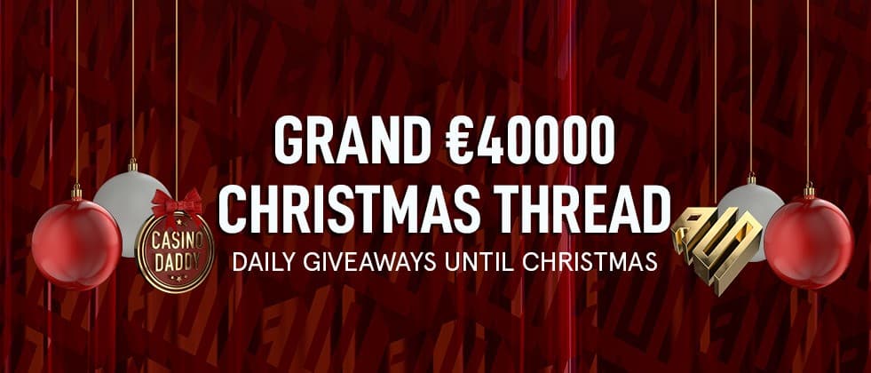 A banner showing the logos of CasinoDaddy and AboutSlots, presenting grand €40,000 Christmas thread.