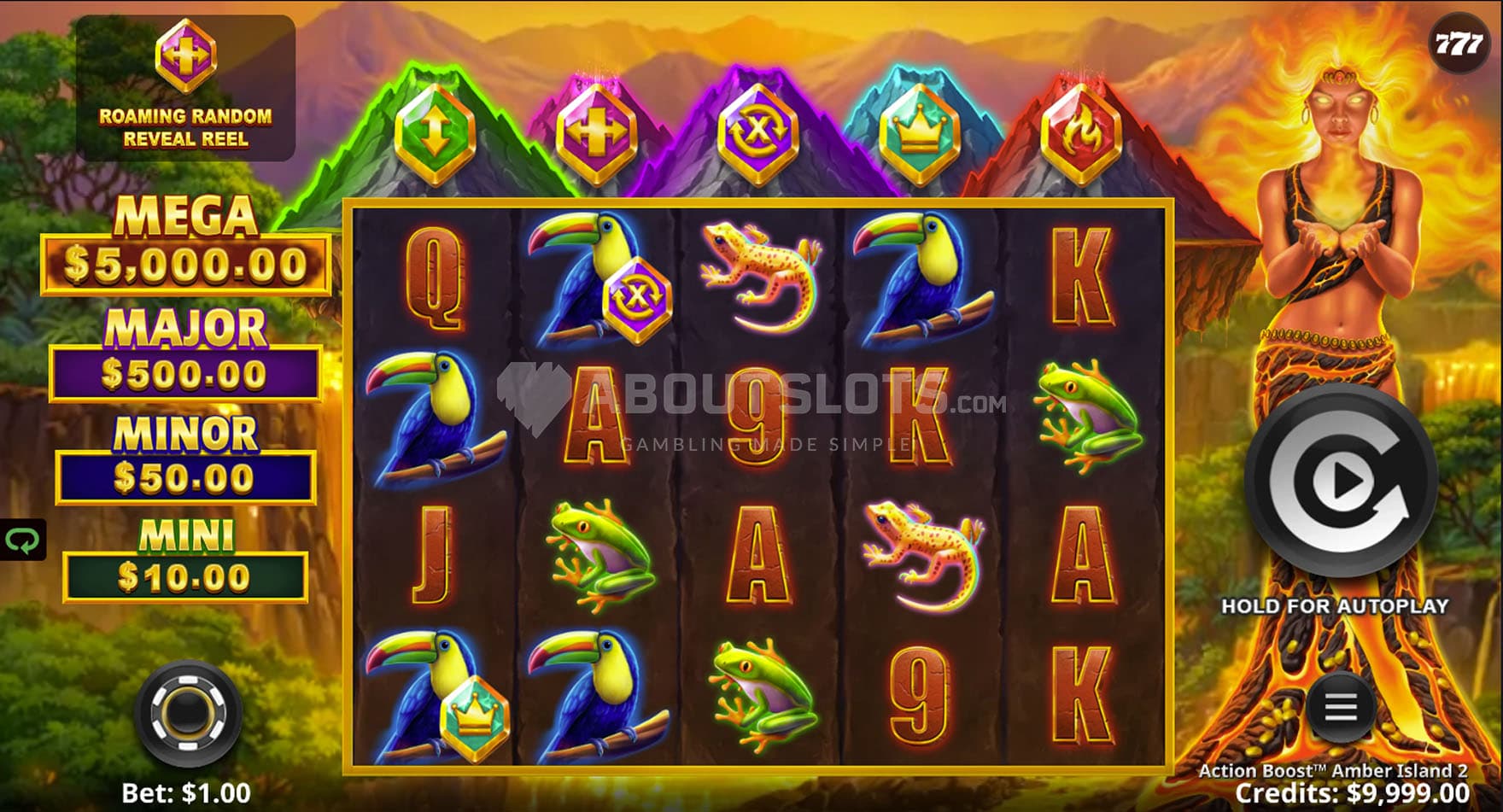 Screenshot of the base game, showing a 5x4 grid on a backdrop of an exotic island with a fire goddess standing on the right.
