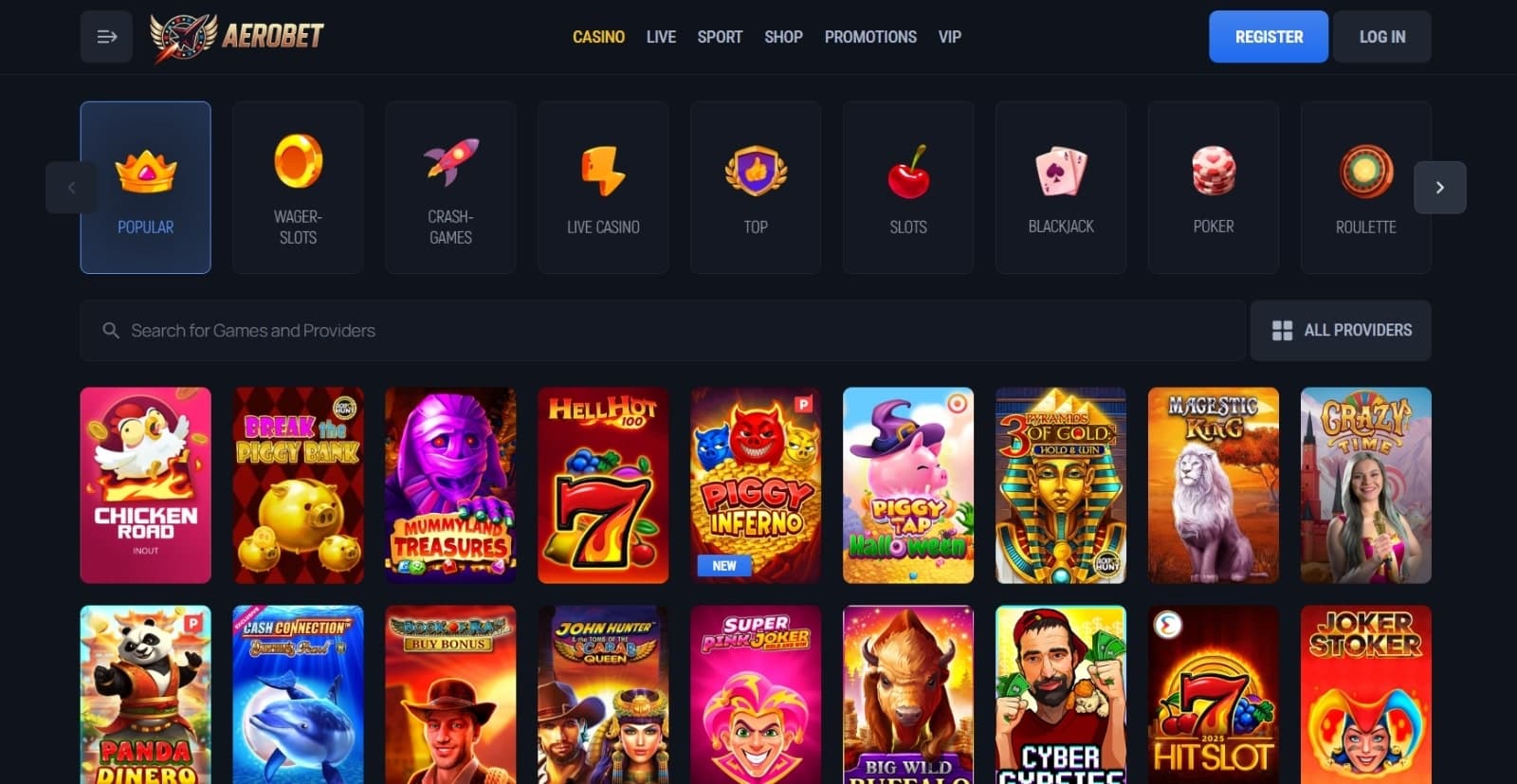 Aerobet Casino games page showing the most popular games, along with the game categories.