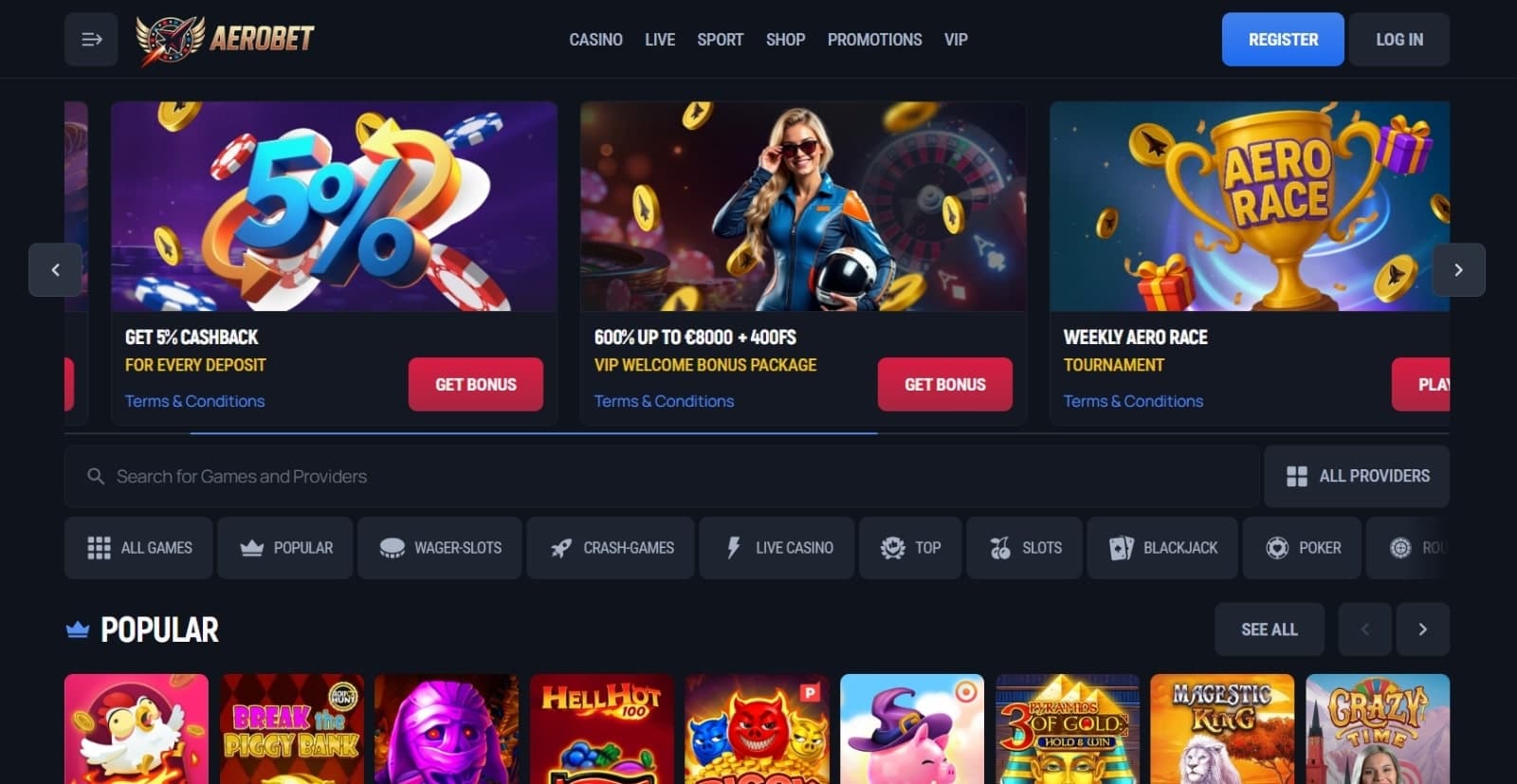 Aerobet Casino’s landing page showing the welcome bonus offer, game categories and a few popular games.