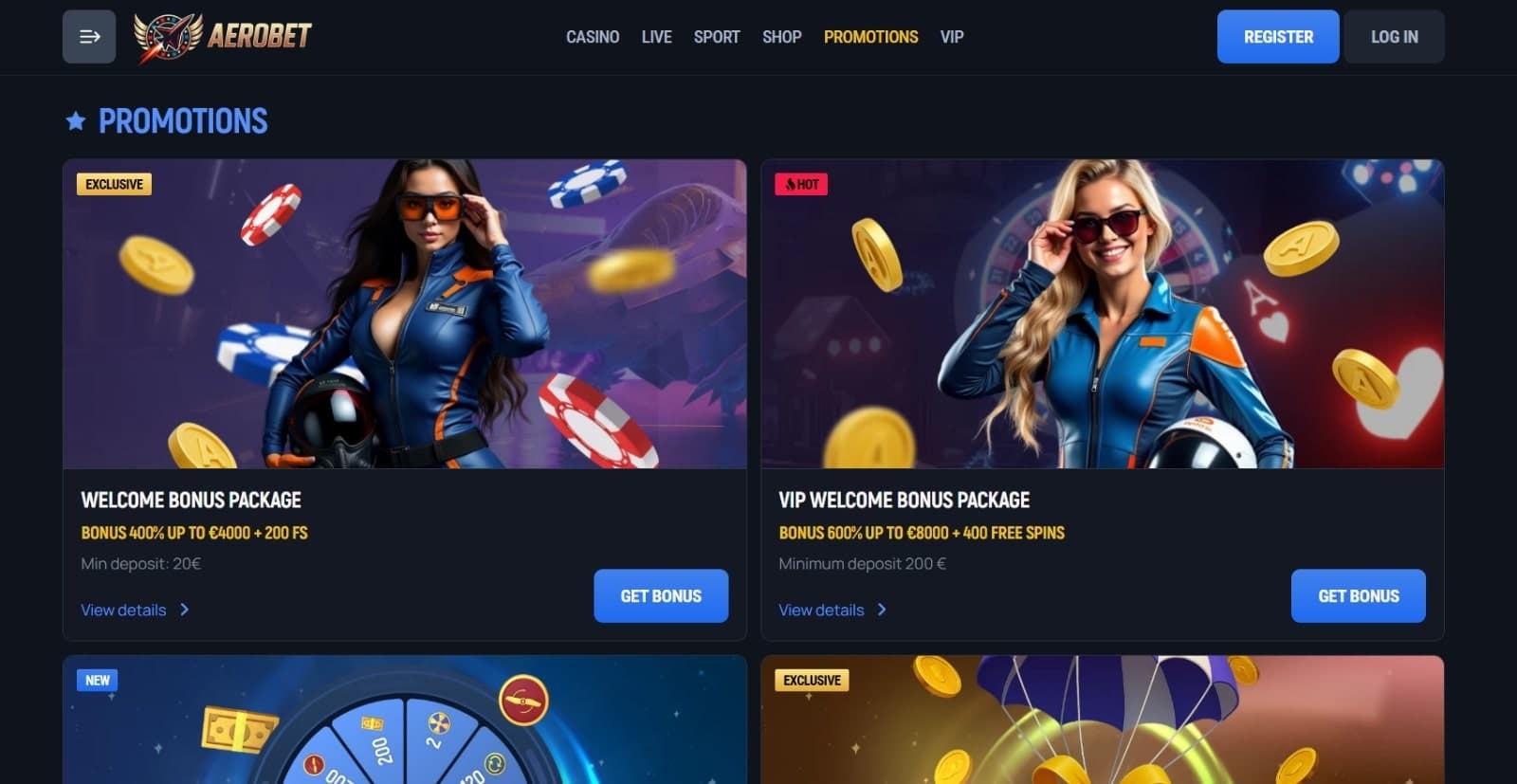 Aerobet Casino promotions page showing the different bonuses and promotions, including the welcome bonus offer.