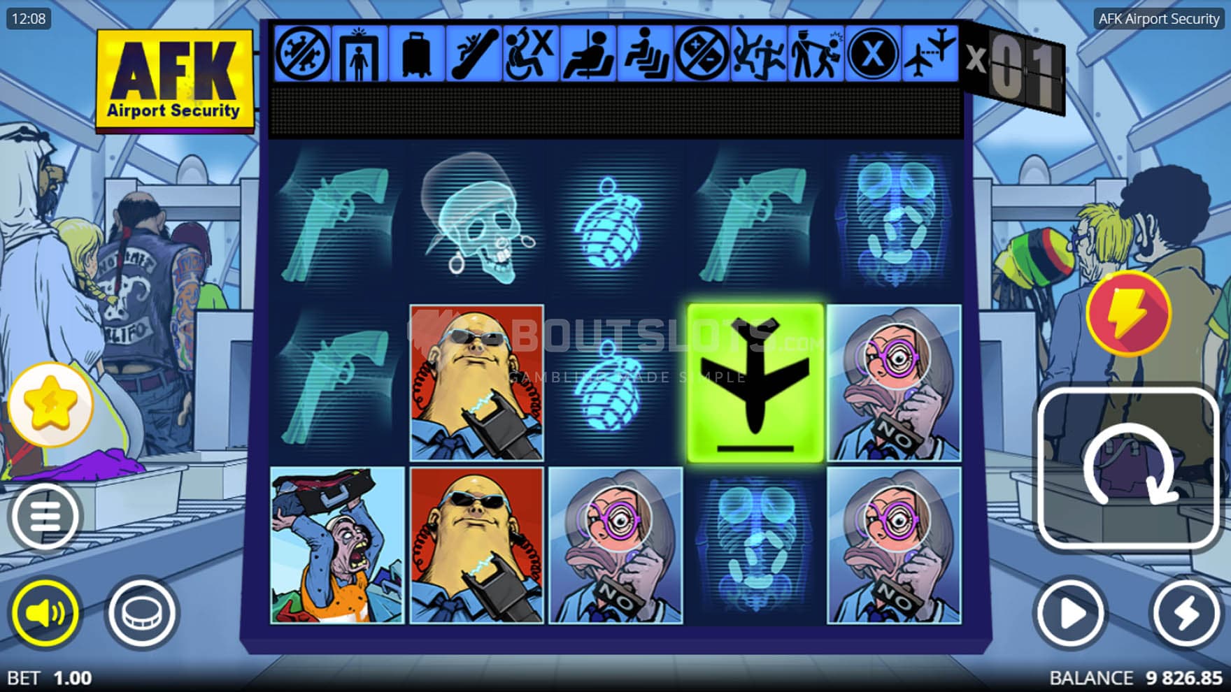 Screenshot of a base game, with a 5x3 grid on a backdrop of an airport security checkpoint.