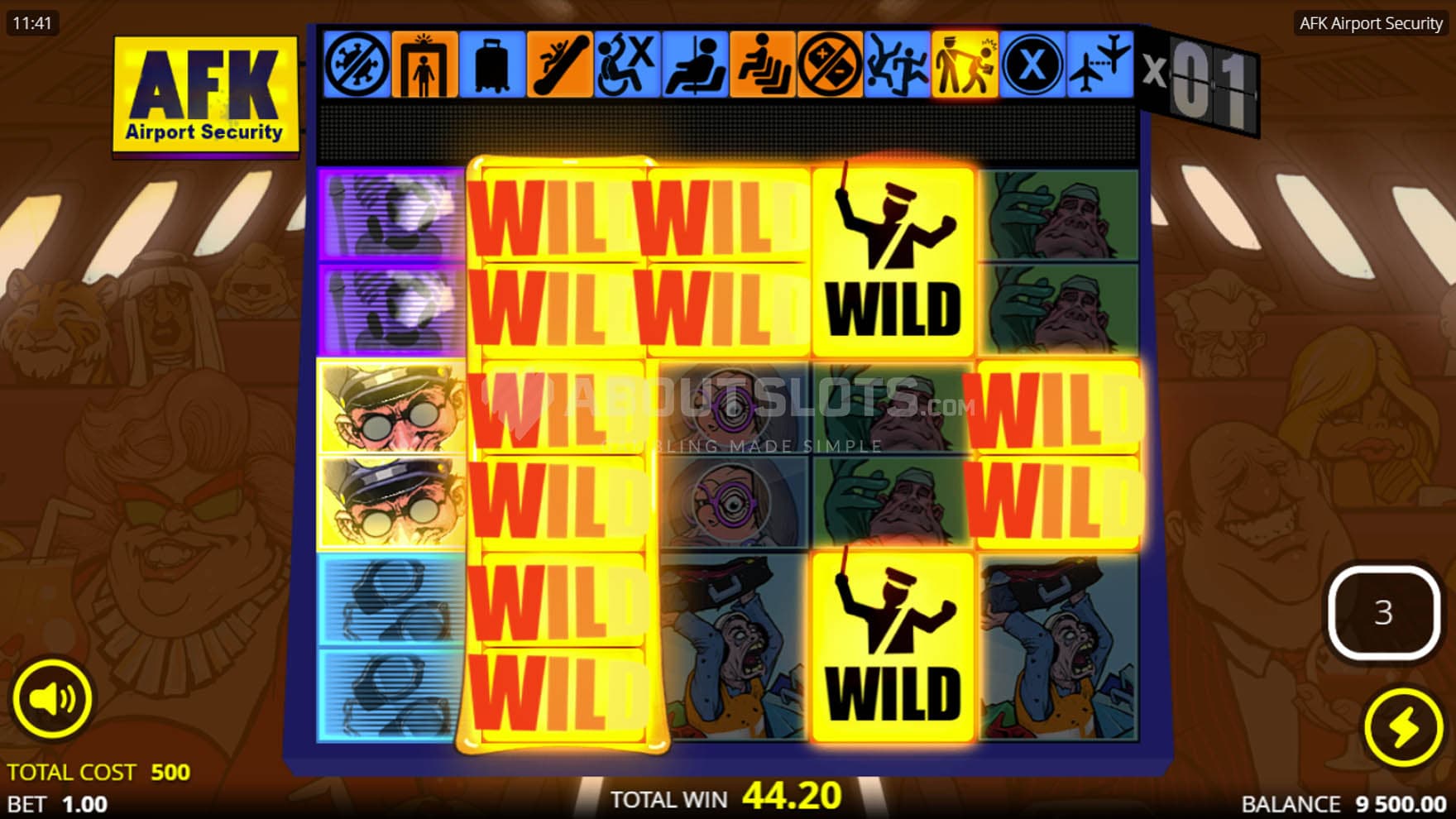 Screenshot of the Free Spins in progress, showing several features triggered simultaneously.