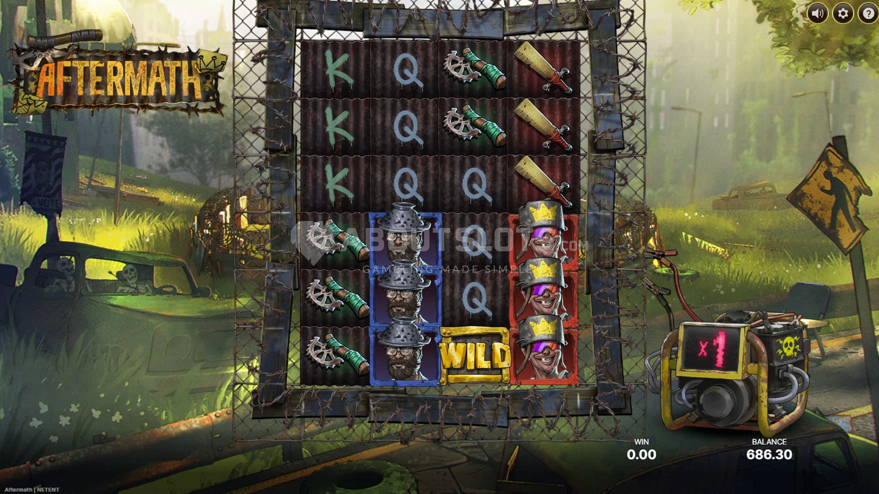 Screenshot of the base game, showing a 4x6 grid on a backdrop of a post-apocalyptic, dystopian urban landscape.