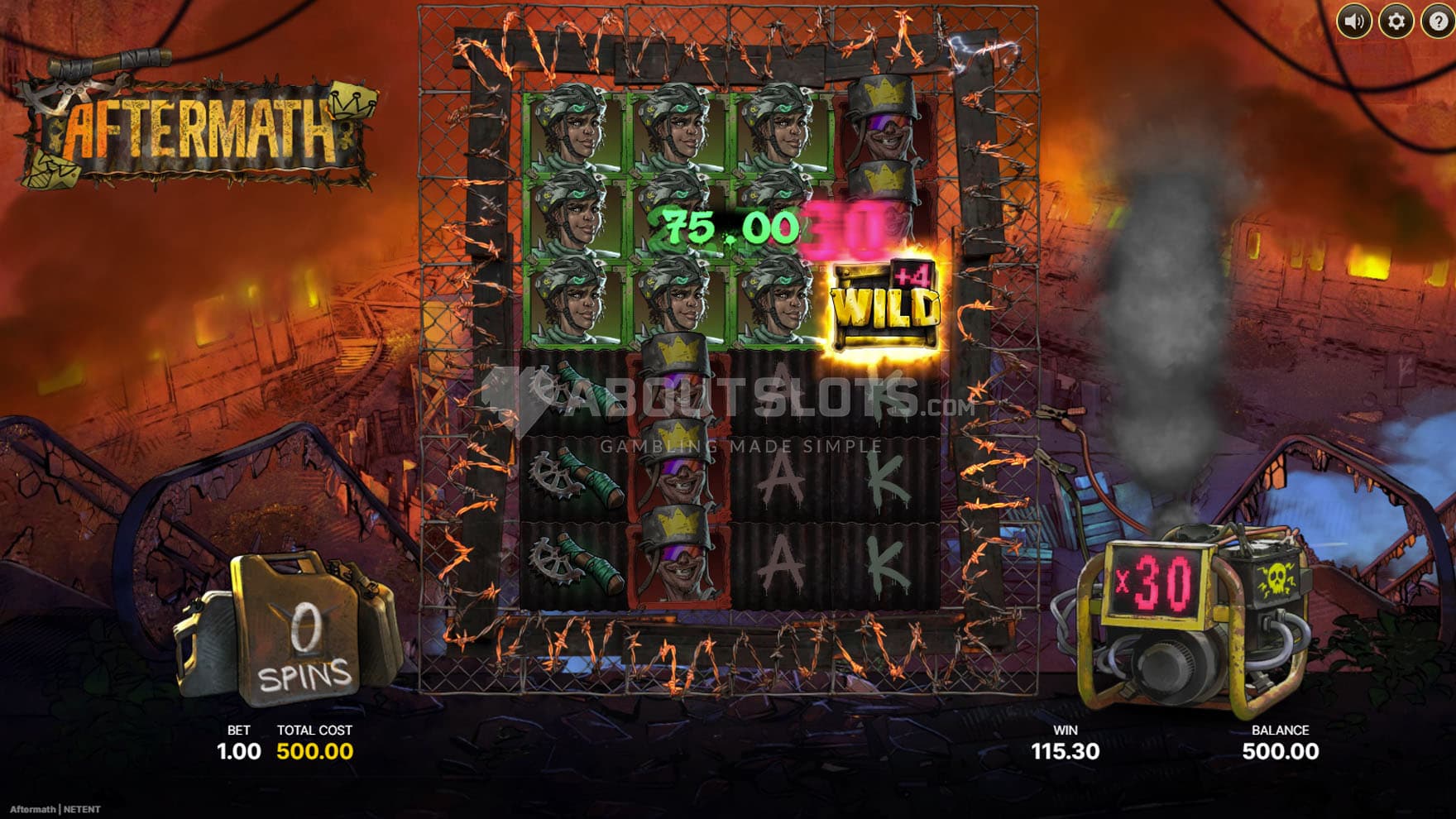 Screenshot of the Bonus Spins in progress, showing a win multiplied by x30.