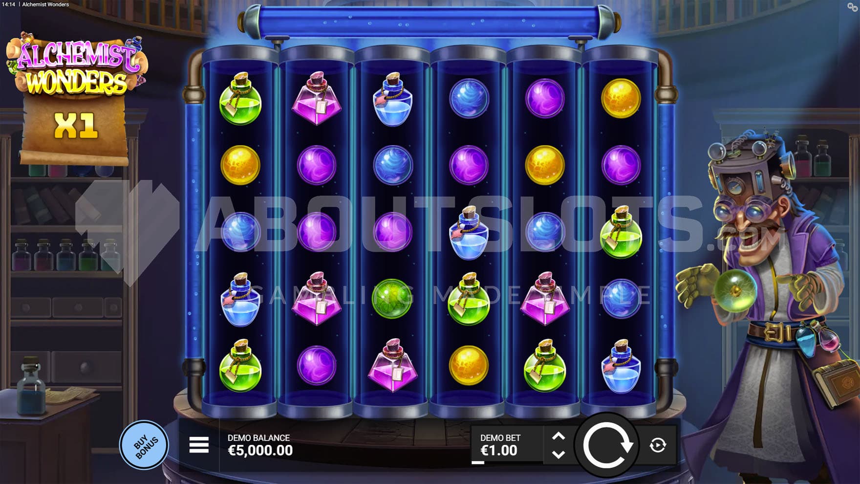 Base Game view of a 6x5 grid on a backdrop of a laboratory with a mad scientist standing on the right.