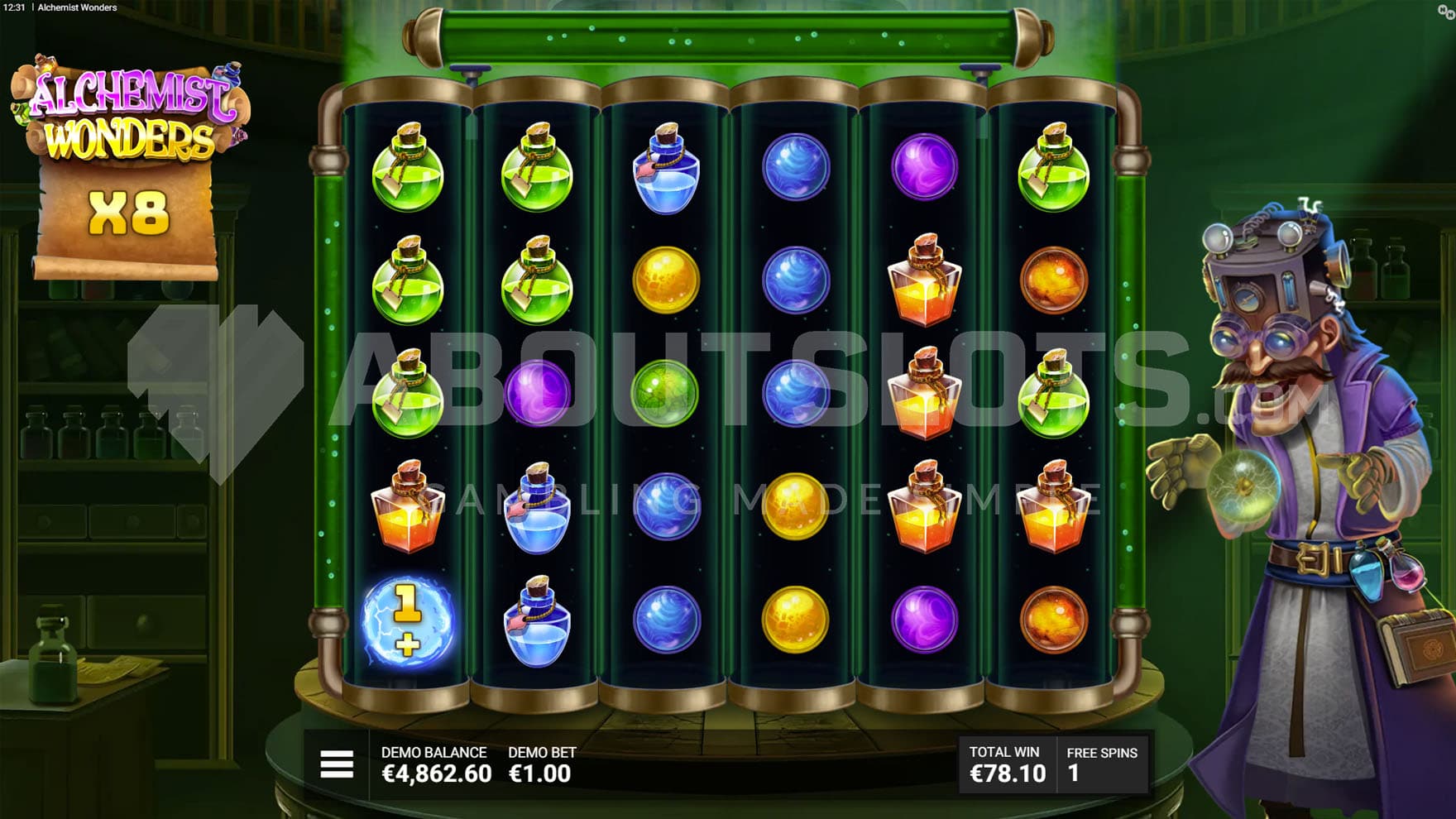 Free Spins bonus in progress, showing the progressive multiplier advanced to x8.