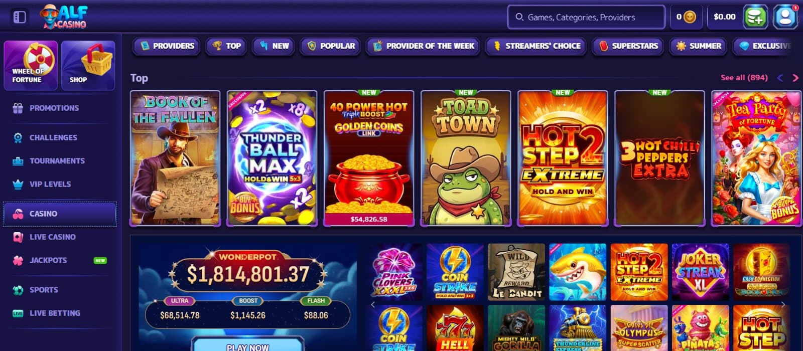 Alf Casino games page featuring the top slot icons under the main sorting categories and side menu