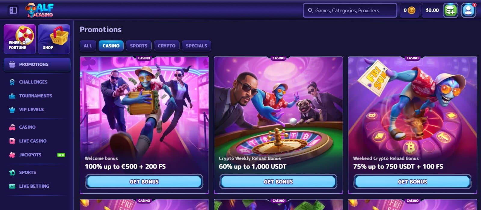 Alf Casino promotions page featuring the welcome bonus, crypto reload bonuses, and fiat reload bonuses with images of alien and secret agents