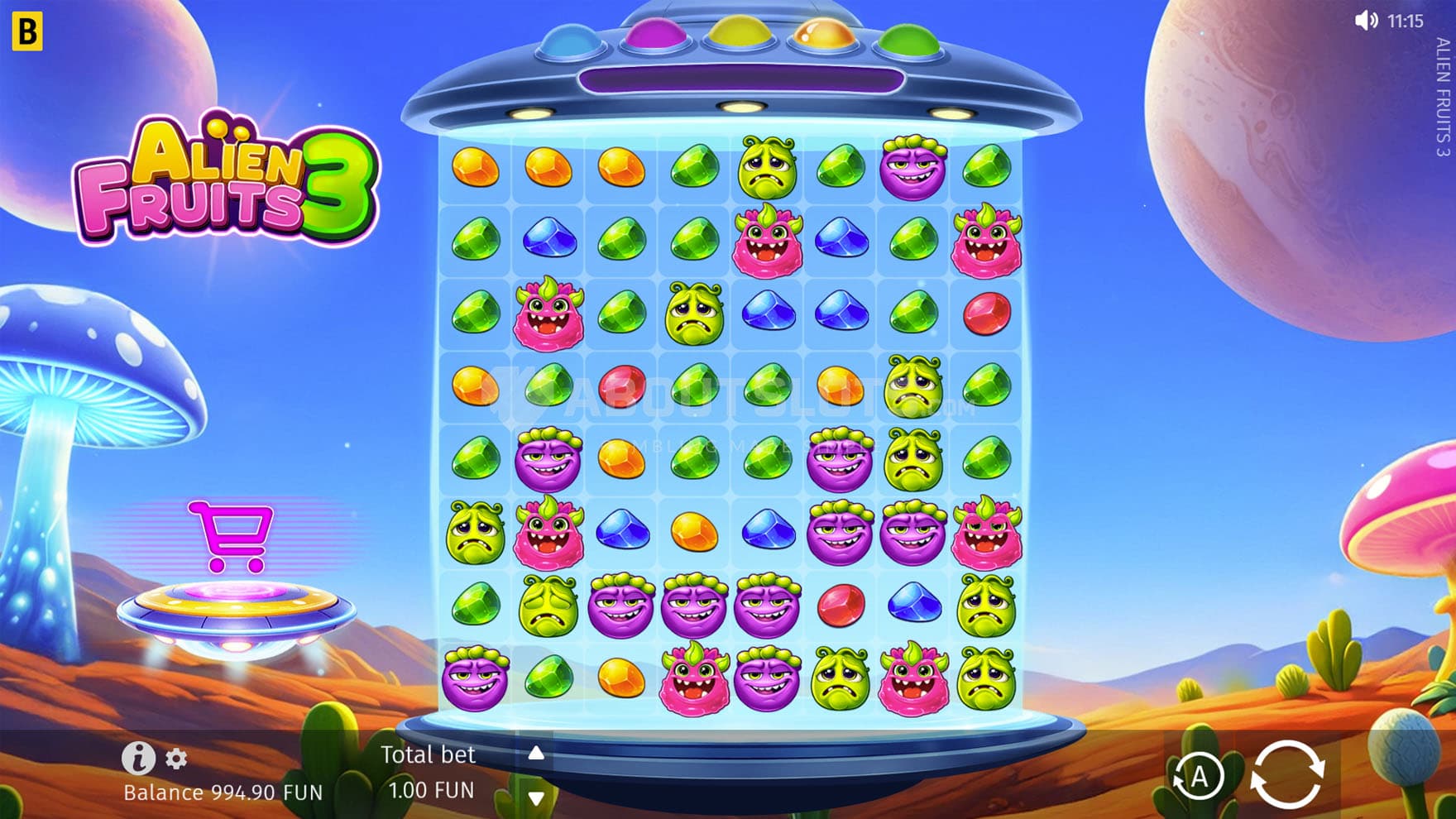 Base Game view of an 8x8 grid on a backdrop of an unknown distant planet with glowing mushrooms.