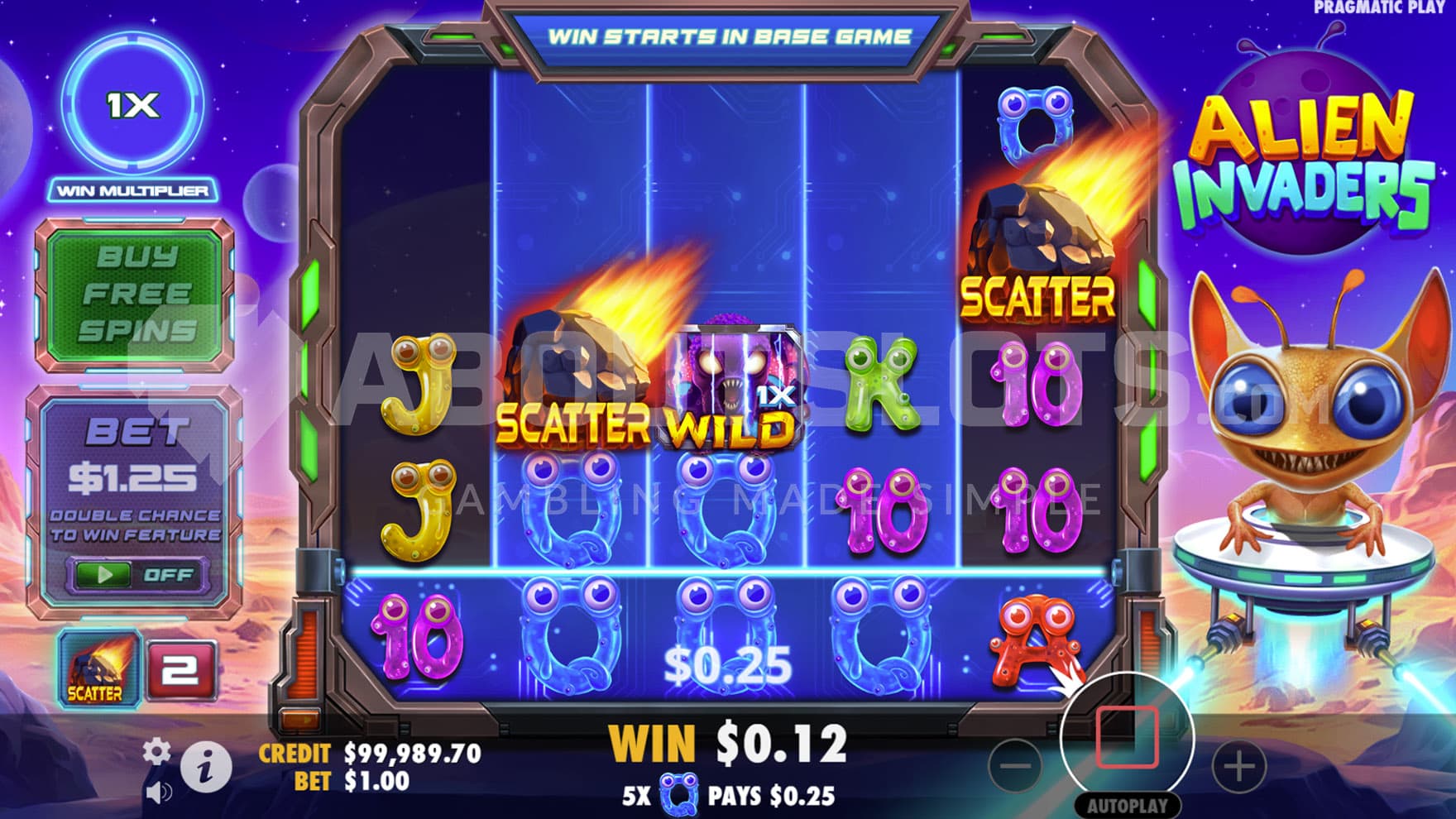 Base Game view of a 5x5 grid on a backdrop of a barren planet, with an alien floating in a small spaceship on the right.