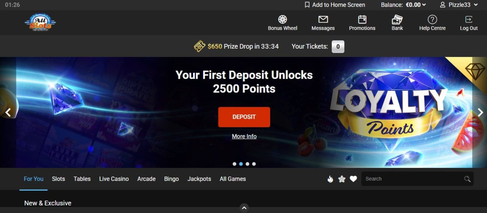All Slots Casino's homepage, showing 2,500 loyalty points reward.