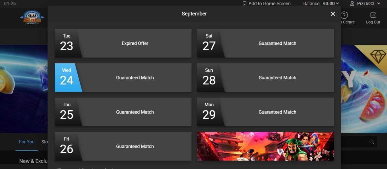 All Slots Casino's promotion page, showing the month and dates for possible bonuses.