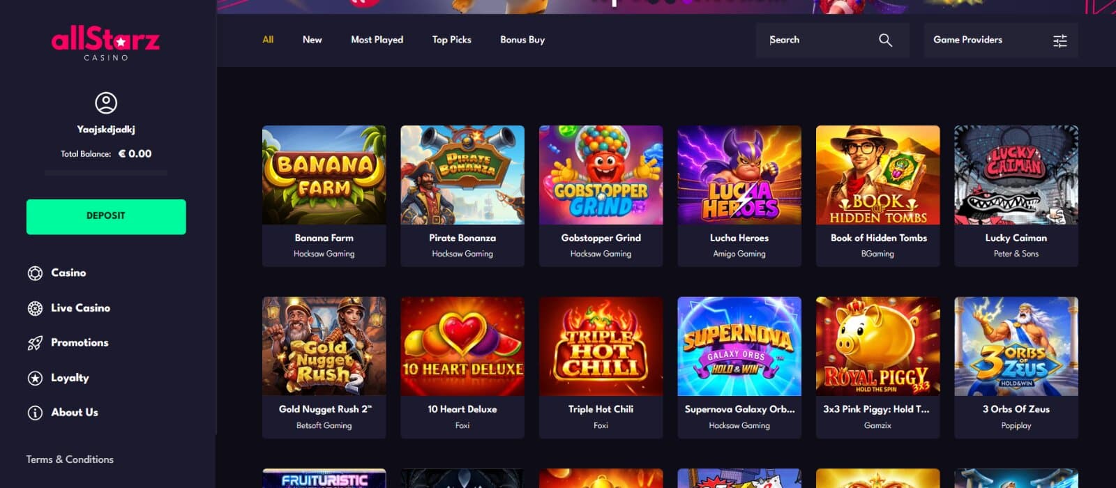 AllStarz Casino games page featuring the slot icons from supported games