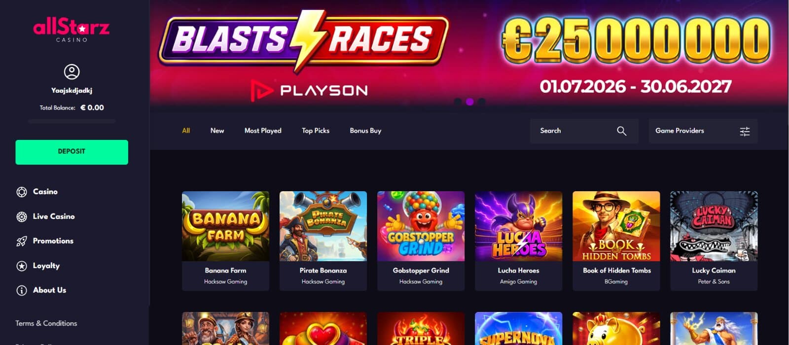 AllStarz Casino landing page featuring the Payson races tournament banner, game filtering options, slots icons and side navigation menu