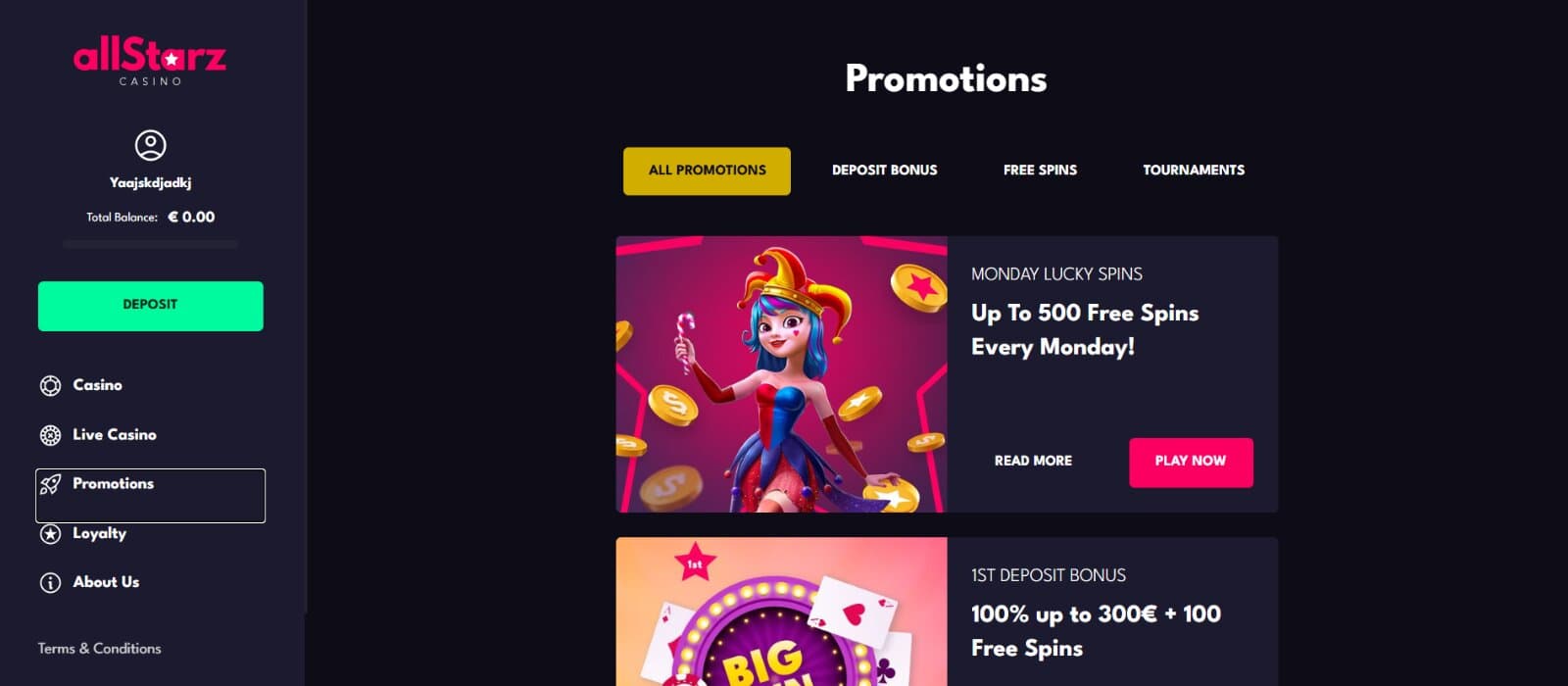AllStarz Casino promotions page featuring the daily reload bonuses and welcome bonuses with their respective banner images