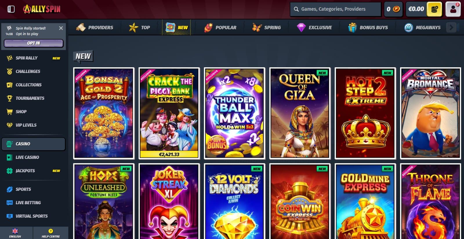AllySpin Casino's games page featuring slot titles, slot images and casino game lobby categories