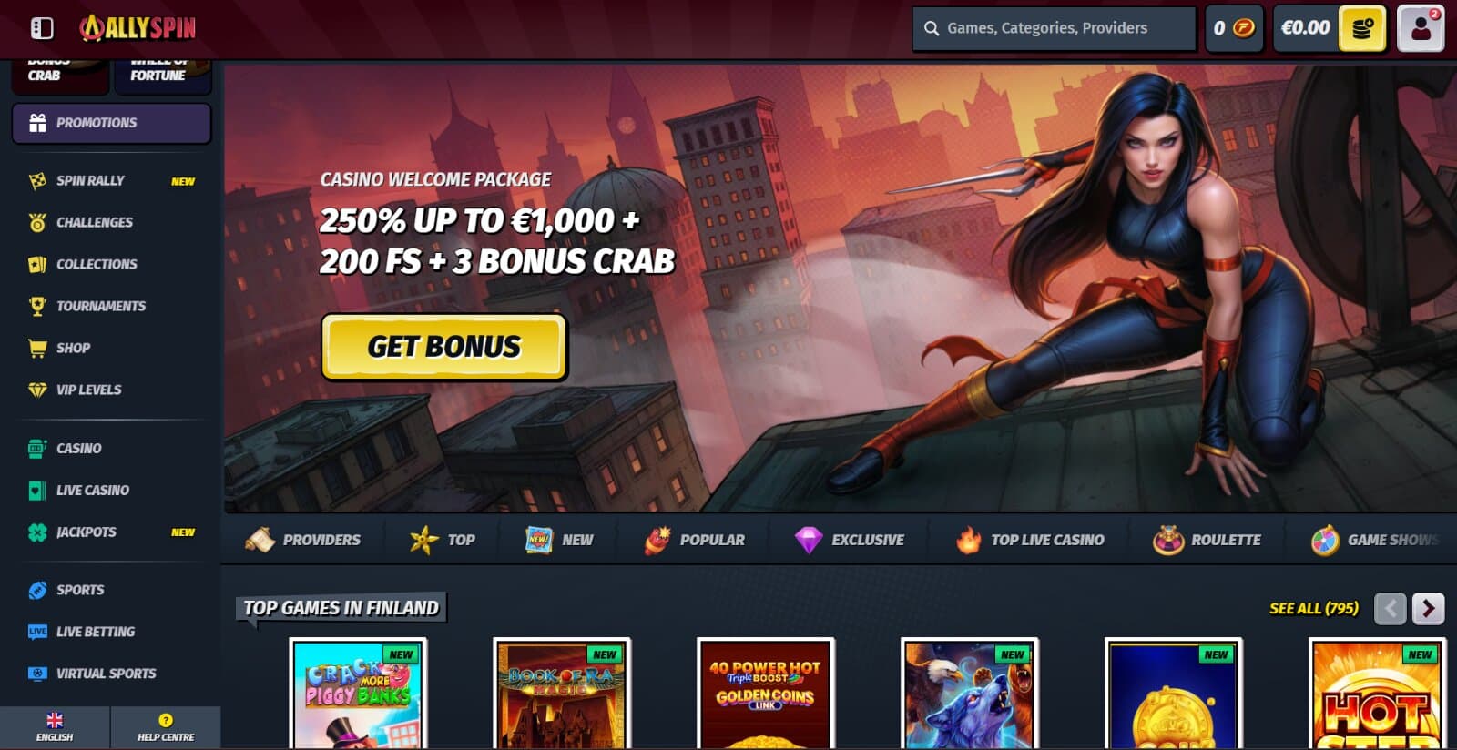 AllySpin Casino's landing page featuring the welcome bonus banner with ninja woman character, side menu navigation, and top featured slots