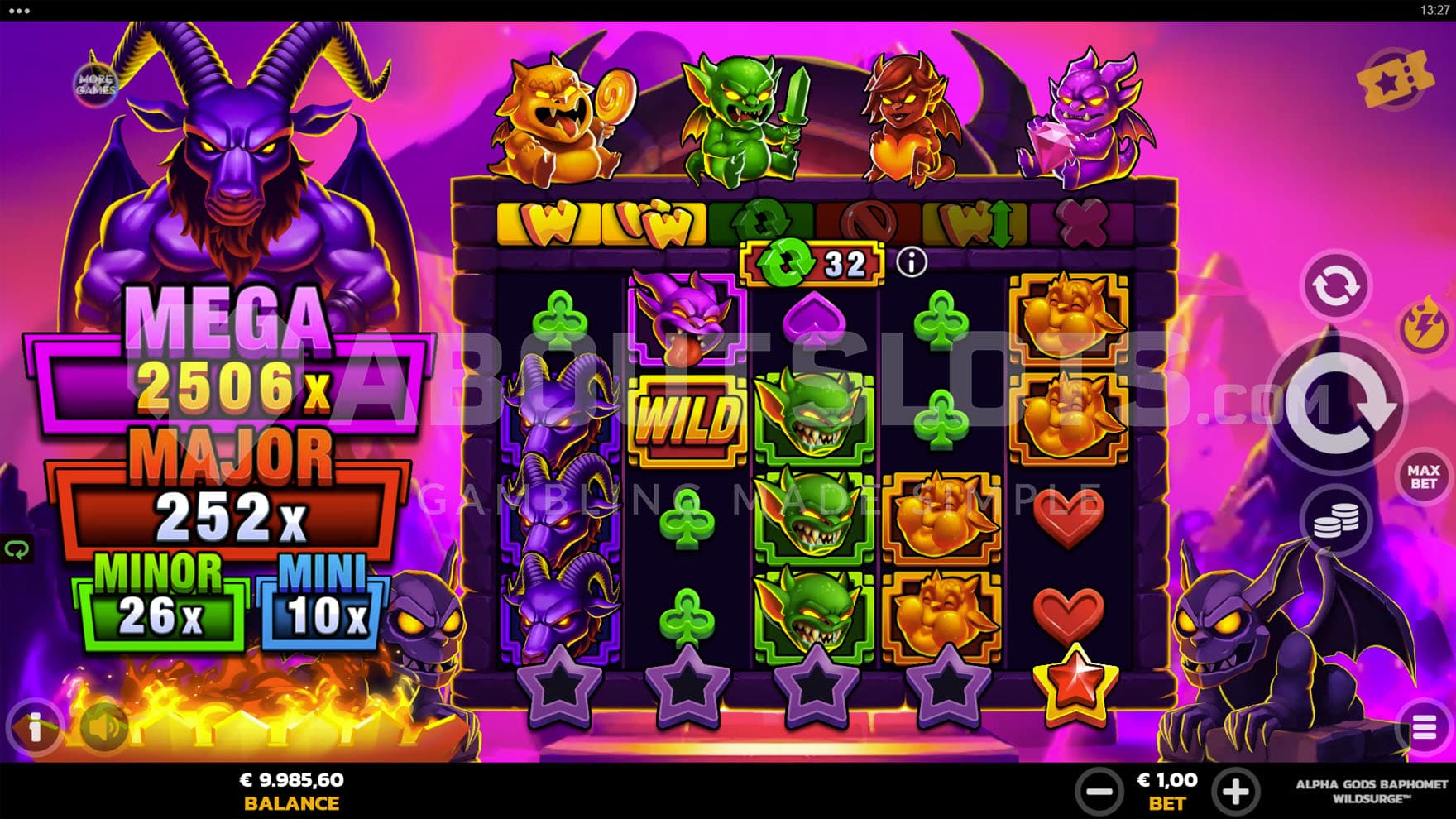 Base Game view of a 5x4 grid on a backdrop of a colourful, cartoony underworld, with a demon sitting on the left.