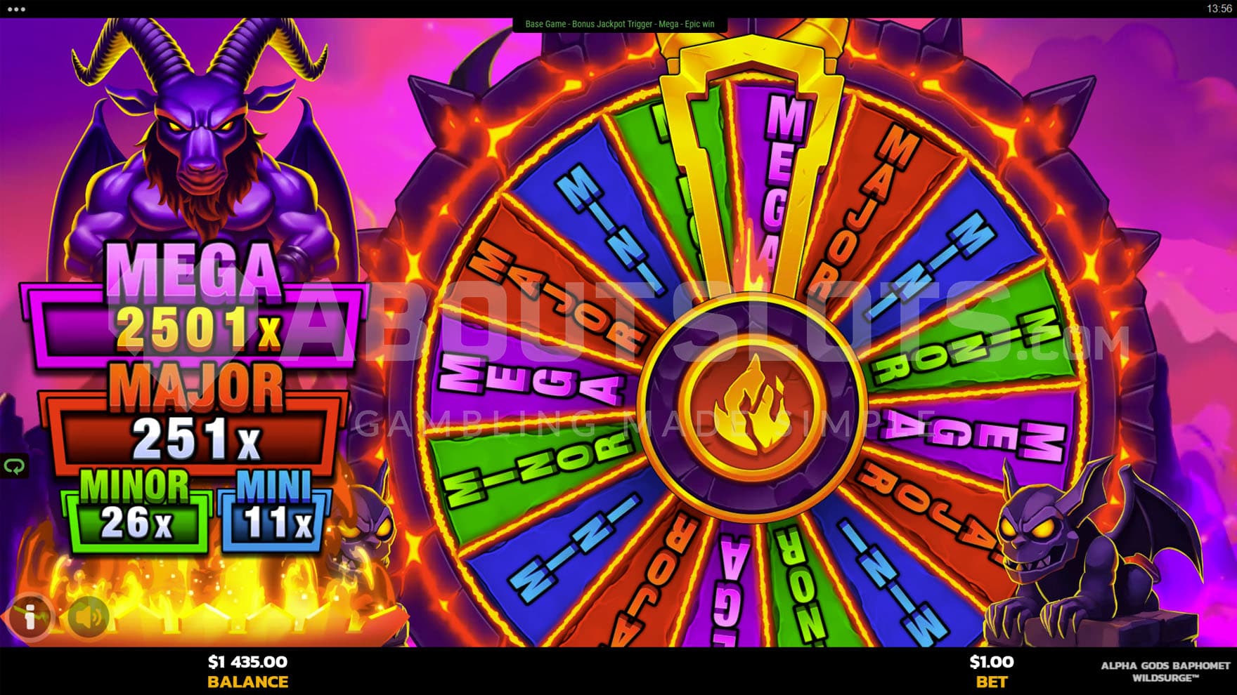 Jackpot feature in progress, showing a wheel with various jackpot prizes.