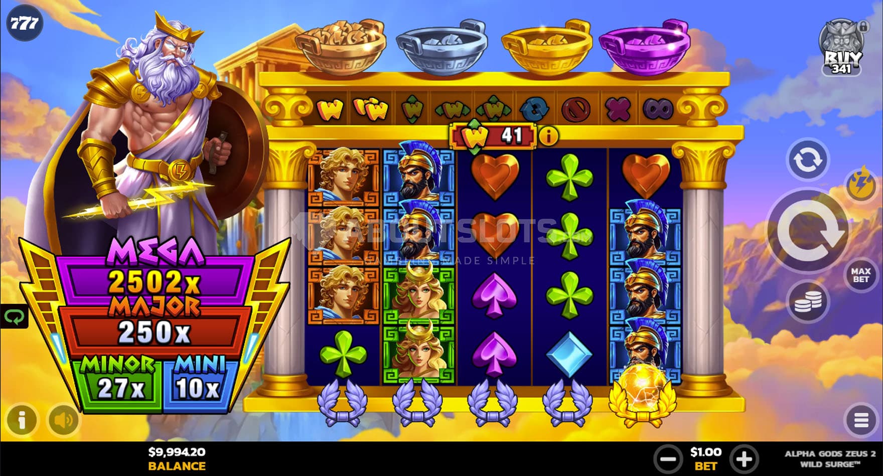 Screenshot of the base game, showing a 5x4 grid on a backdrop of a cloudy sky with a golden temple in the distance.