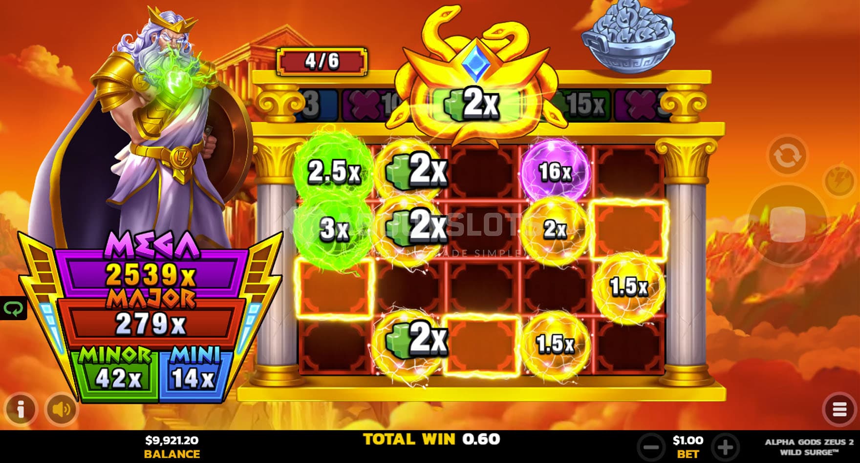 Screenshot of the LockNWin UpZones Bonus, with several cash symbols locked on the grid.