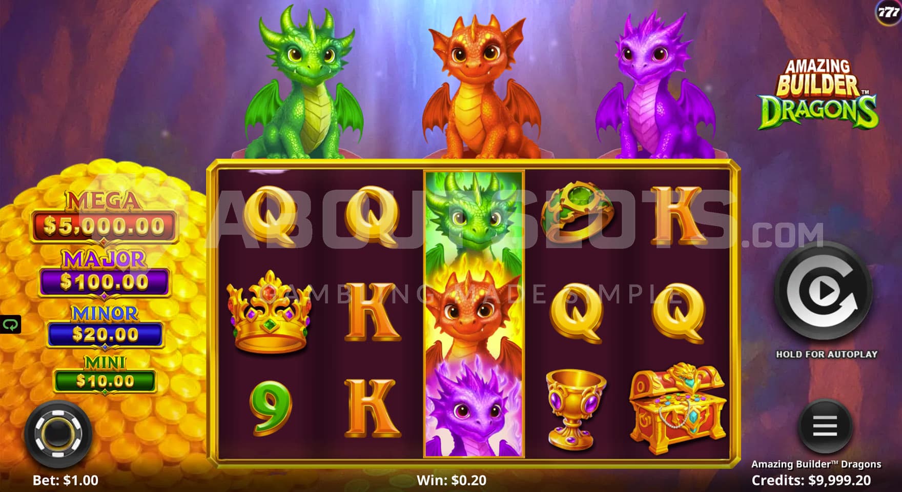 Base Game view of a 5x3 grid on a backdrop of a cavern, with 3 dragons sitting on top of the frame.