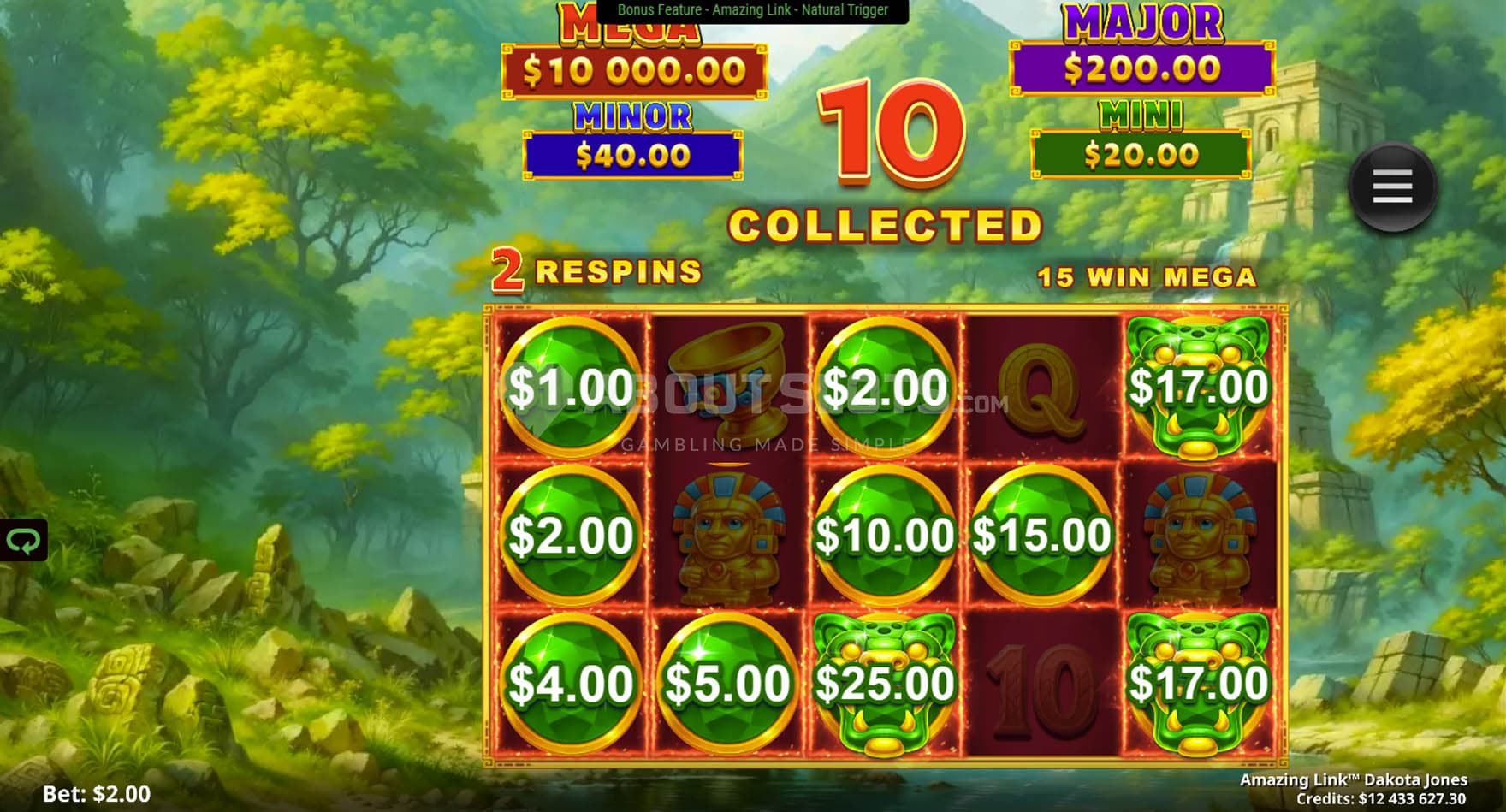 Screenshot of the Amazing Link feature in progress, with multiple cash symbols locked on the grid.