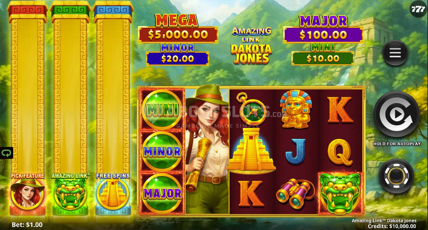 Screenshot of a base game, with a 5x3 grid on a backdrop of an Amazonian jungle.